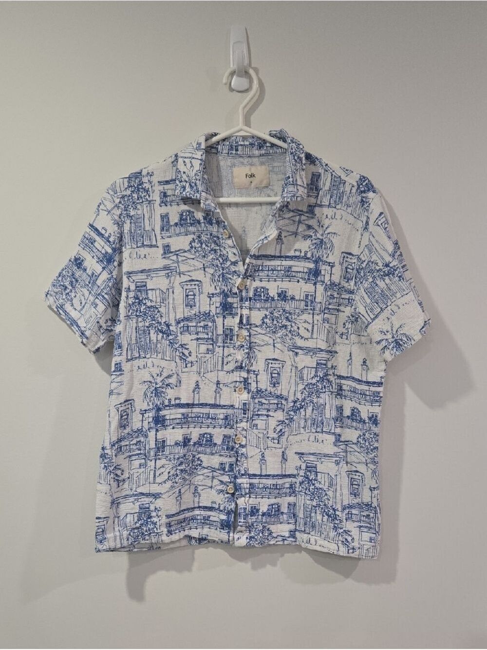 Folk White and Blue Short-Sleeve Printed Button-Down Shirt